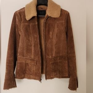 Vintage Teddy Genuine Suede Leather Jacket with Cream Collar